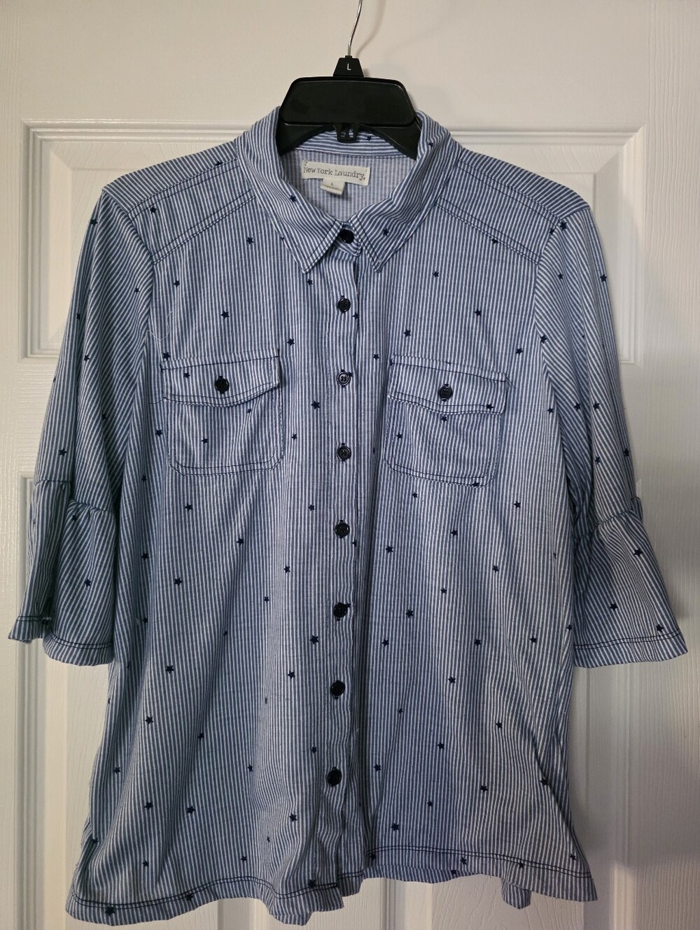 NY&Co Blue Stripe Button-Front Shirt with Embroidered Stars